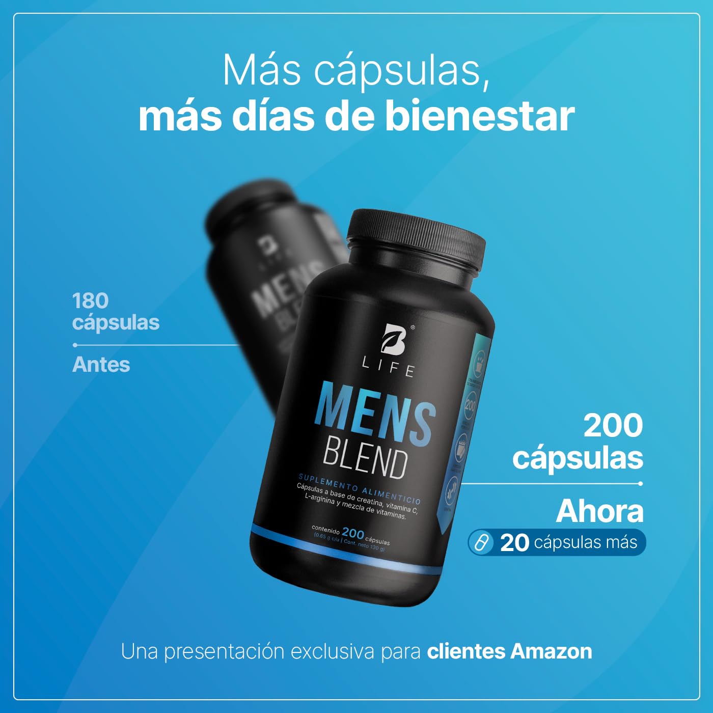 B Life Multivitamínico para Hombre | 200 Cápsulas | 650 mg por porción | Creatina Monohidratada, BCAA 2:1:1 (L-Leucina, L-Isoleucina, L-Valina) y L-Arginina | Ingredientes Naturales | Mens Blend.