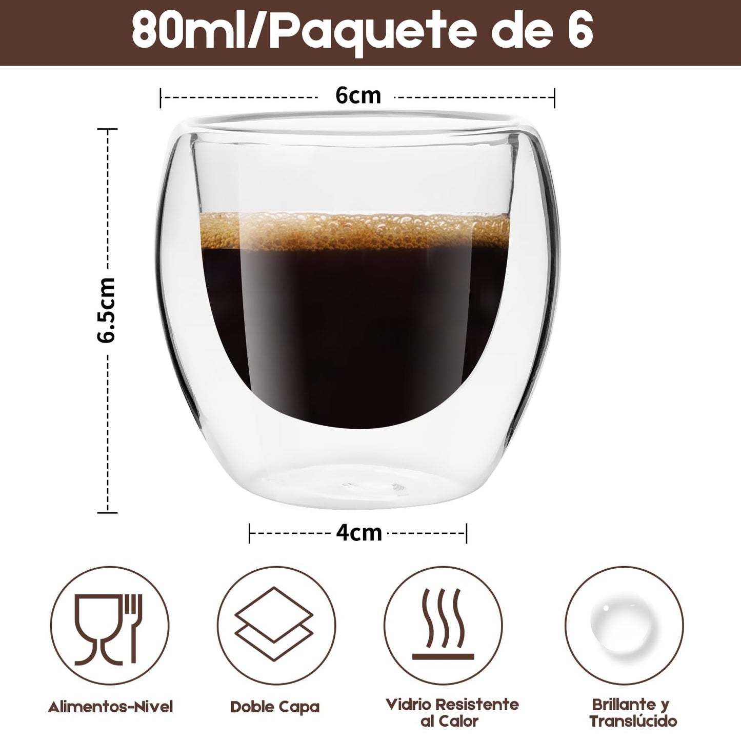 FAMILUCKY-6 Pcs 80ml Tazas de Café de Doble Vidrio, Vasos para Café de Doble Pared de Vidrio Tèrmico Borosilicato, Taza de Café Pequeña de 80 ml, Apto para Capuchino, Espresso, Té, etc