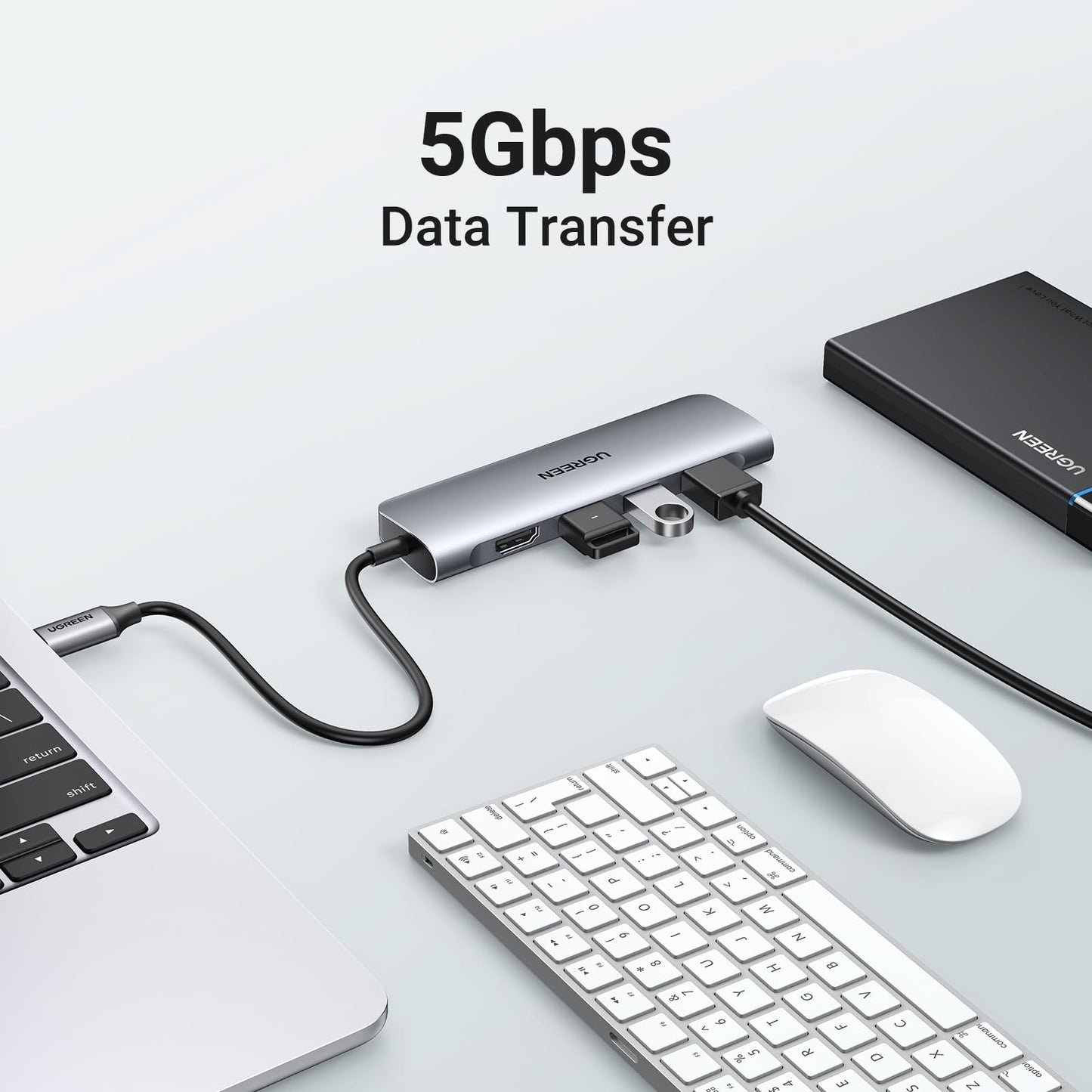 Adaptador USB C UGREEN HDMI 4K Plata con Lector de Tarjeta y 3 USB 3.0