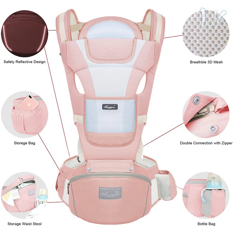 Mochila Portabebé Algodón Puro Ligera y Transpirable Gris con Asiento de Cadera Ajustable para Niños de 0 a 36 Meses