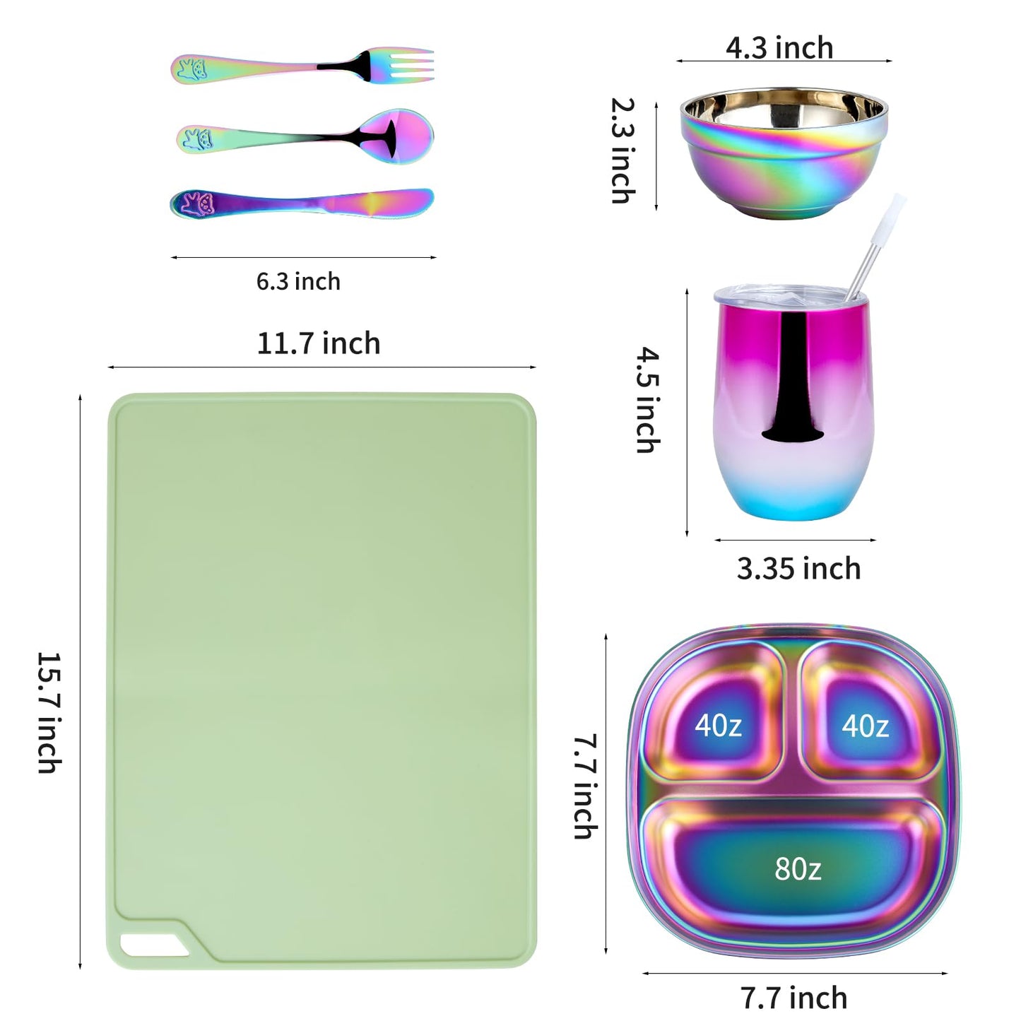 AODPWEN - Juego de platos de acero inoxidable para niños, juego de platos y cuencos para niños pequeños con cuchillo, tenedor, cuchara y taza, manteles individuales verdes
