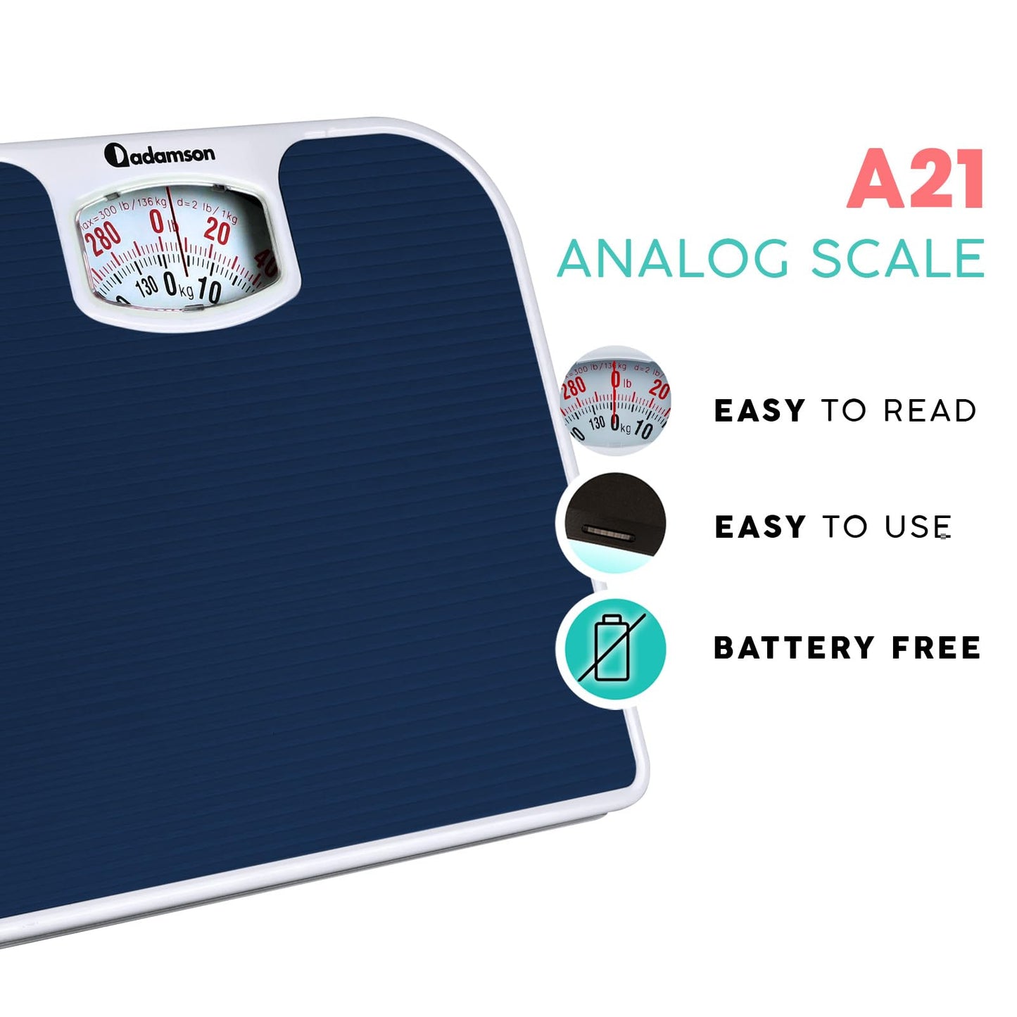 Adamson - Báscula analógica A21 para peso corporal, hasta 300 libras, nueva versión, superficie de goma antideslizante, números grandes, báscula de baño analógica, asequible, duradera con garantía de