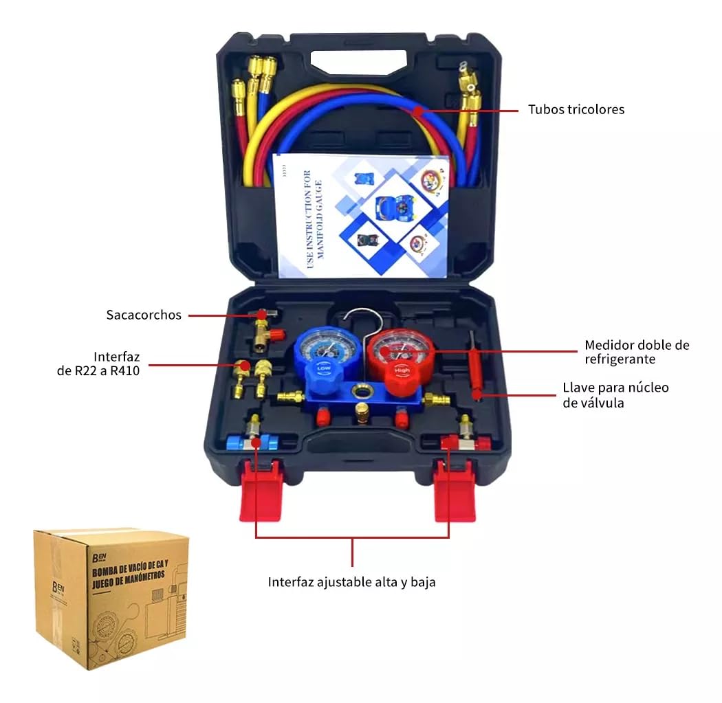 FIXITFAST 5cfm 1/3hp Bomba De Vacío + Manómetro R134a R22 R410a R404a Kit de refrigeración de colector de cuerpo de aluminio con bolsa de transporte para recarga y mantenimiento de refrigeración A/C