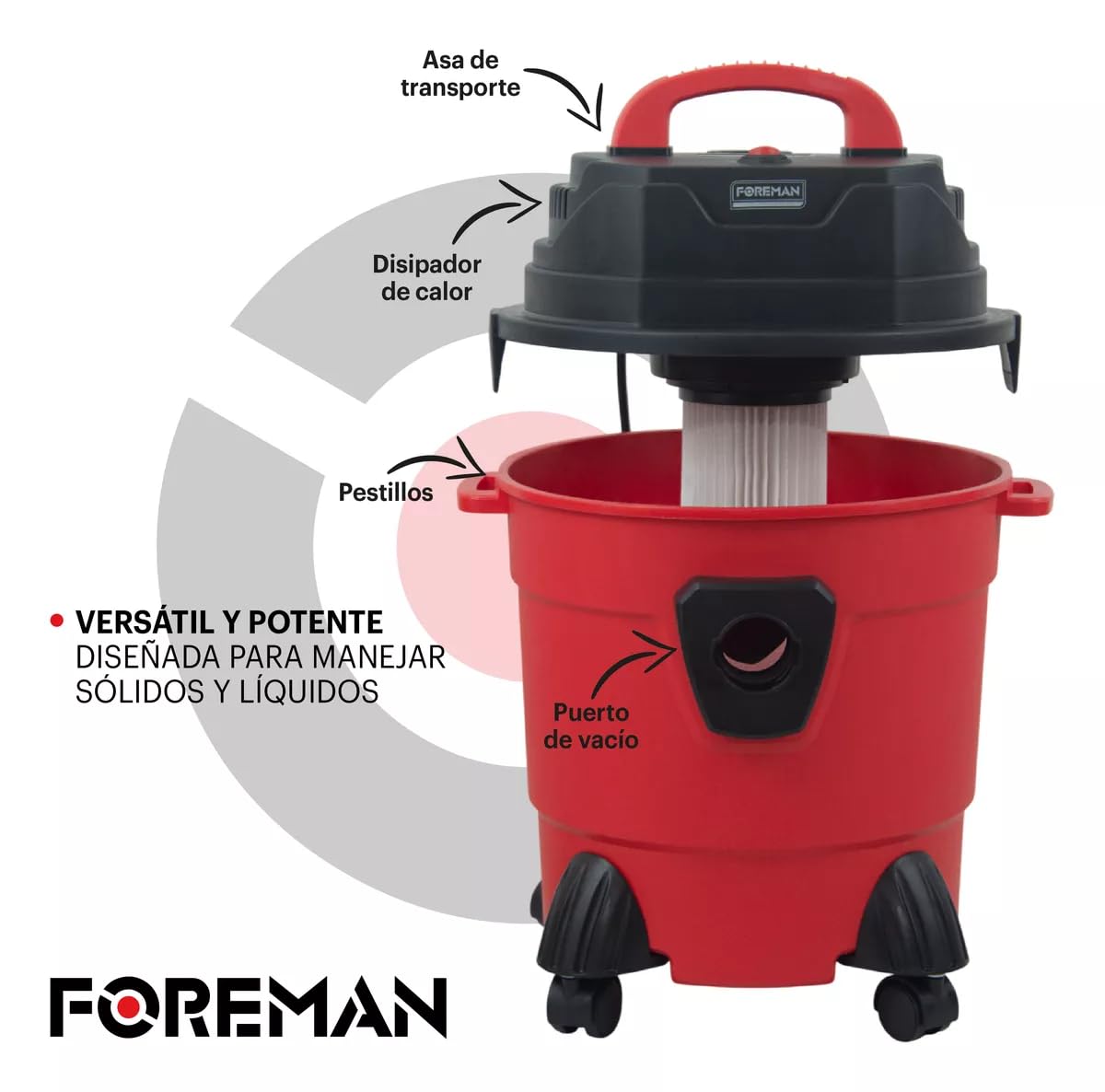 Foreman Aspiradora De Mano Industrial Capacidad 15L Sólidos y Líquidos Aspiradora Portátil para Auto | 1500W | Seco y Húmedo y Accesorios | Rojo