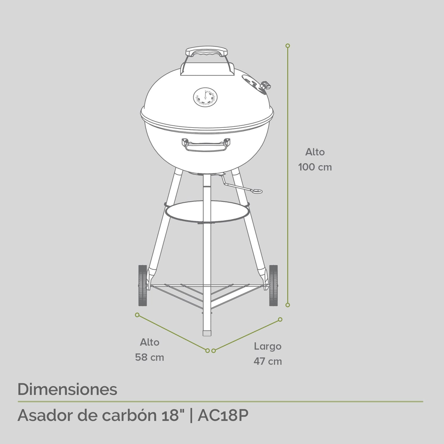AVERA Asador de Carbon Premium 18" de Acero Reforzado, con Termometro, Ahumador Compensado, Llantas Transportadoras, Para prepapar Carne Asada, BBQ, Parrillada, Aire Libre, Color Negro Gloss, AC18P
