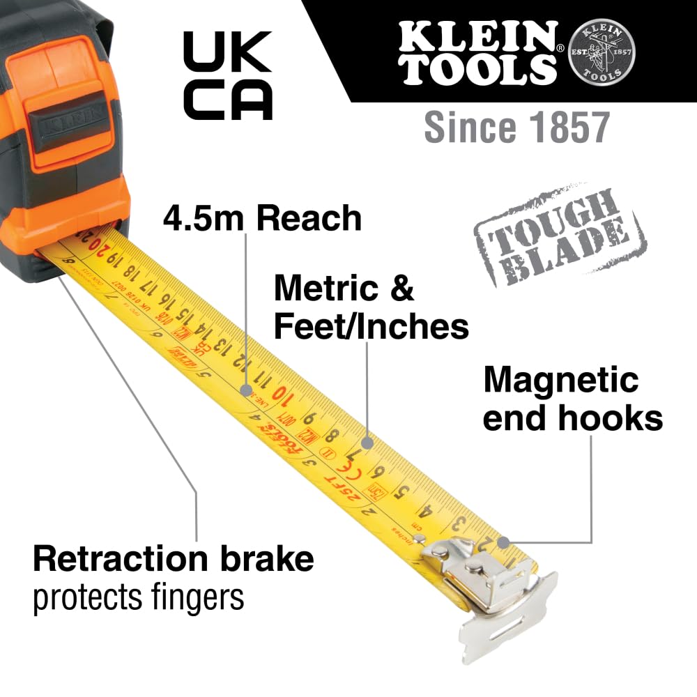 KLEIN TOOLS 9375 | Flexómetro magnético de doble gancho y doble cara| Revestimiento de nylon duradero| Medición SAE y métrica| Flexometro| Cinta metrica| 7.5m | Freno de velocidad y clip para cinturón