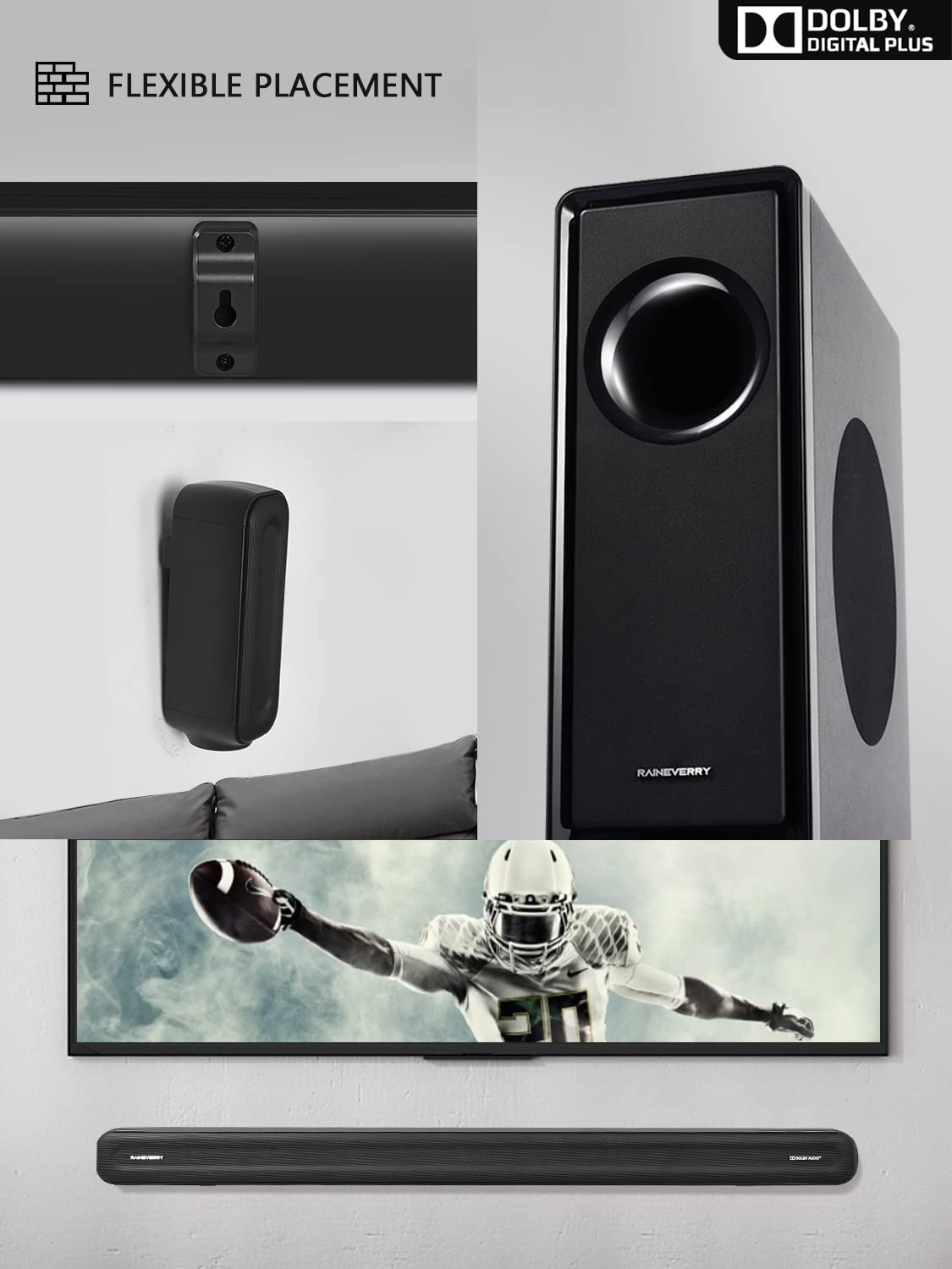 Barra de sonido envolvente de 5.1 CH con audio Dolby, barras de sonido para TV, subwoofer inalámbrico y altavoz trasero, Dolby Digital Plus, Bluetooth 5.0, sistema de sonido envolvente para cine en casa, televisores 4K y HD | HDMI y óptico