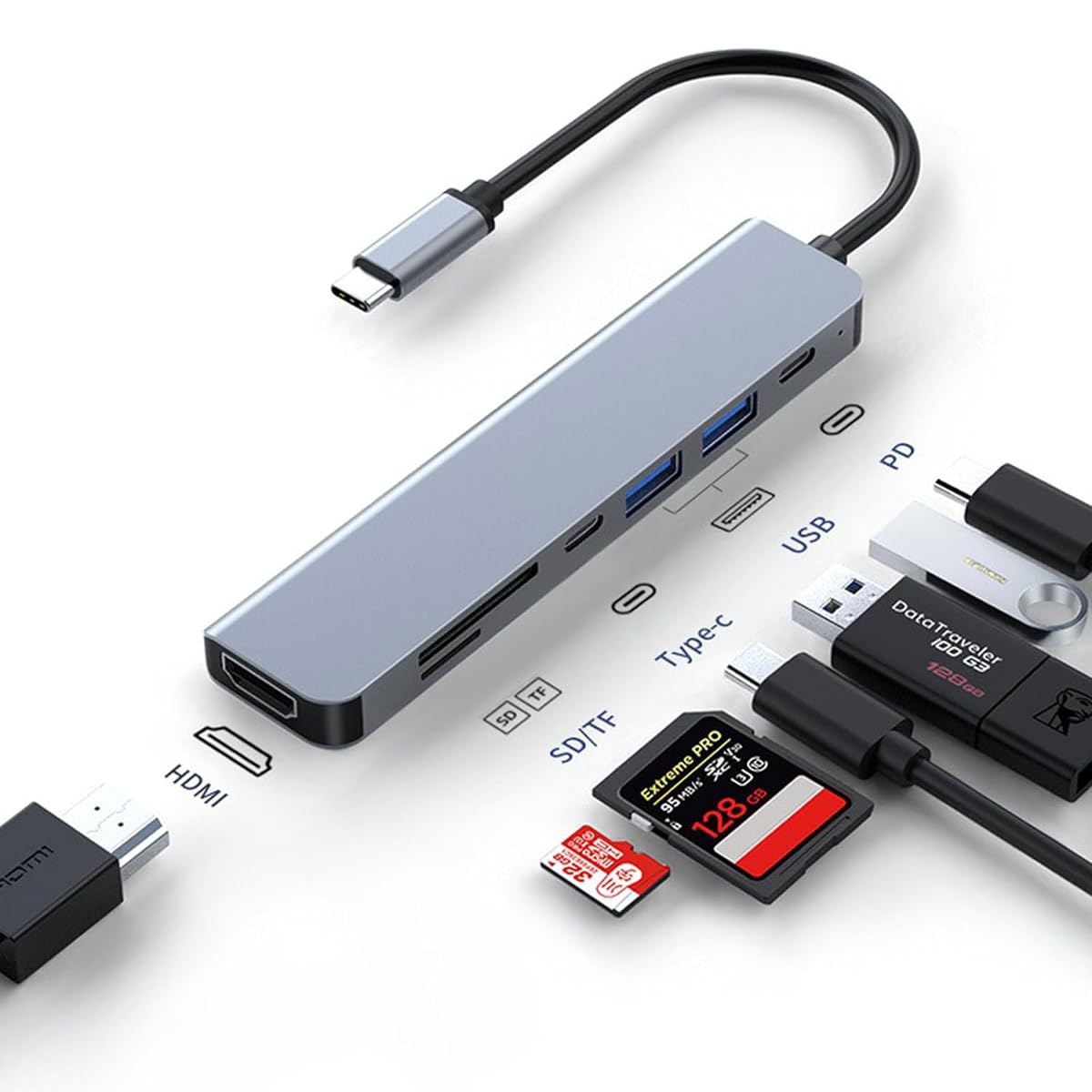 Hub USB C, 7 en 1 Adaptador Tipo C a HDMI 4K, USB 3.0, PD Carga 100W, Lector de Tarjetas SD TF, 5Gbps USB C Datos Puerto Compatible con MacBook Pro Air iPad DELL Switch Steam Deck etc.