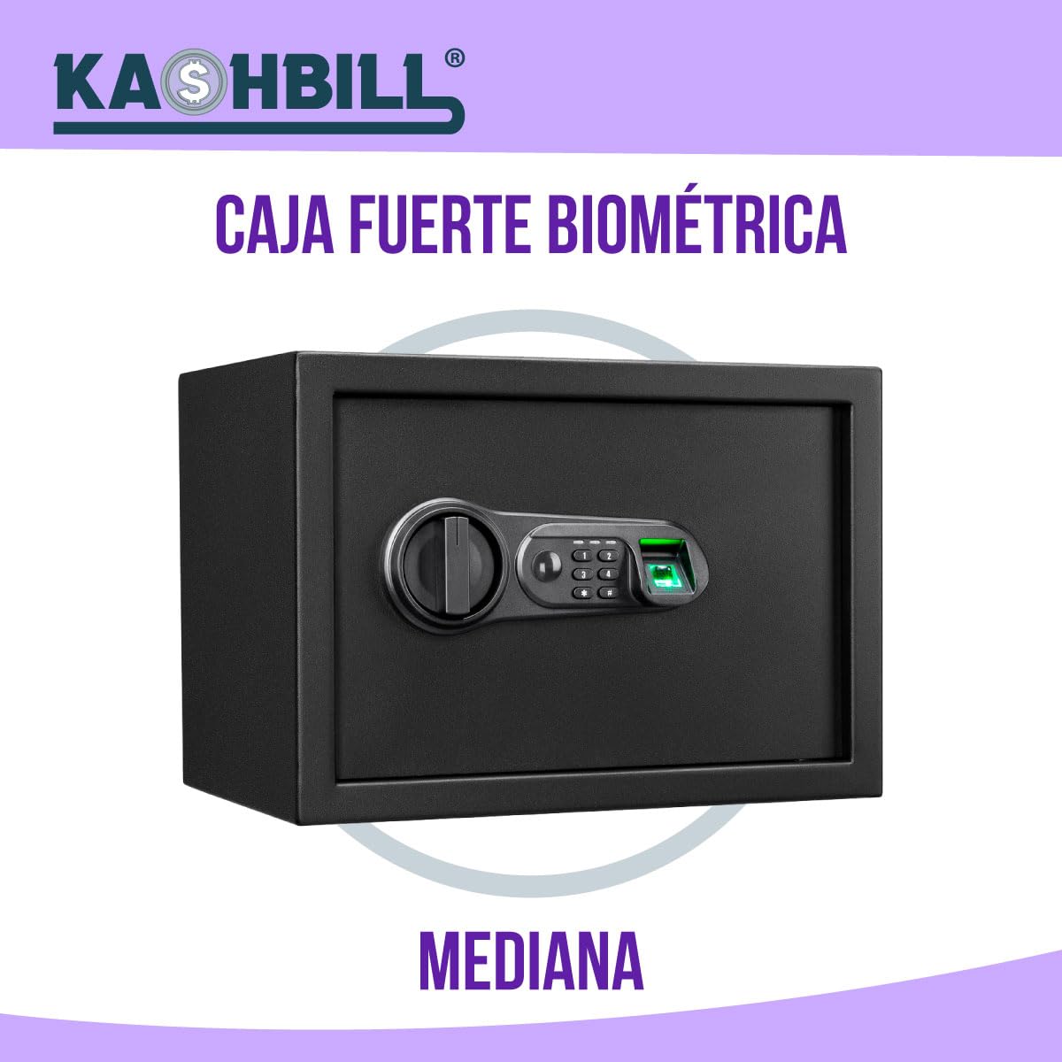 KASHBILL Caja Fuerte Mediana Biométrica 25x35x25 cm Modelo CFB02 con Cierre de Huella Digital y Llave de Emergencia, Ideal para Seguridad en Hogar y Oficina