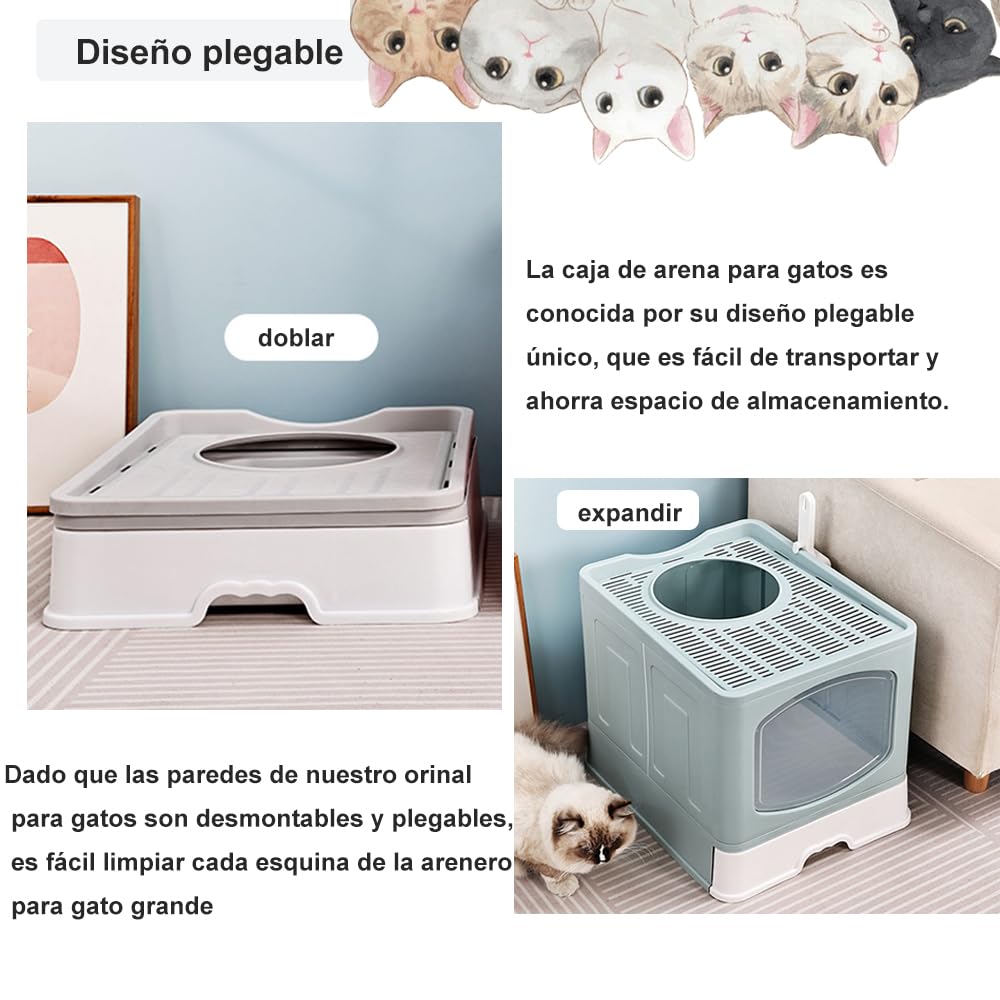 Arenero/Inodoro para Gato con Pala de Plegable, Caja de Arena para Gatos Removibles 51*44*41cm con Puerta Superior&Puerta Lateral Móvil de dos Direcciones, Antiolor y a Prueba de Salpicaduras (Azul)