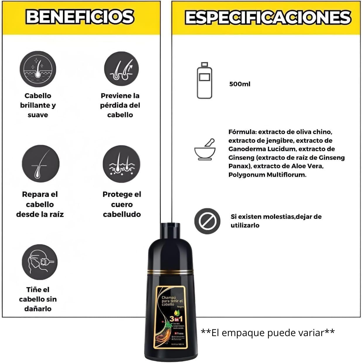 Shampoo Tinte Instantáneo Genérico Para Cabello Cubre Canas Natural Jengibre 500Ml - Champú Instantáneo Coloración Al Instante Con Hierbas Unisex, Sin Amoníaco, Para Hombre y Mujer (NEGRO, 500ML)