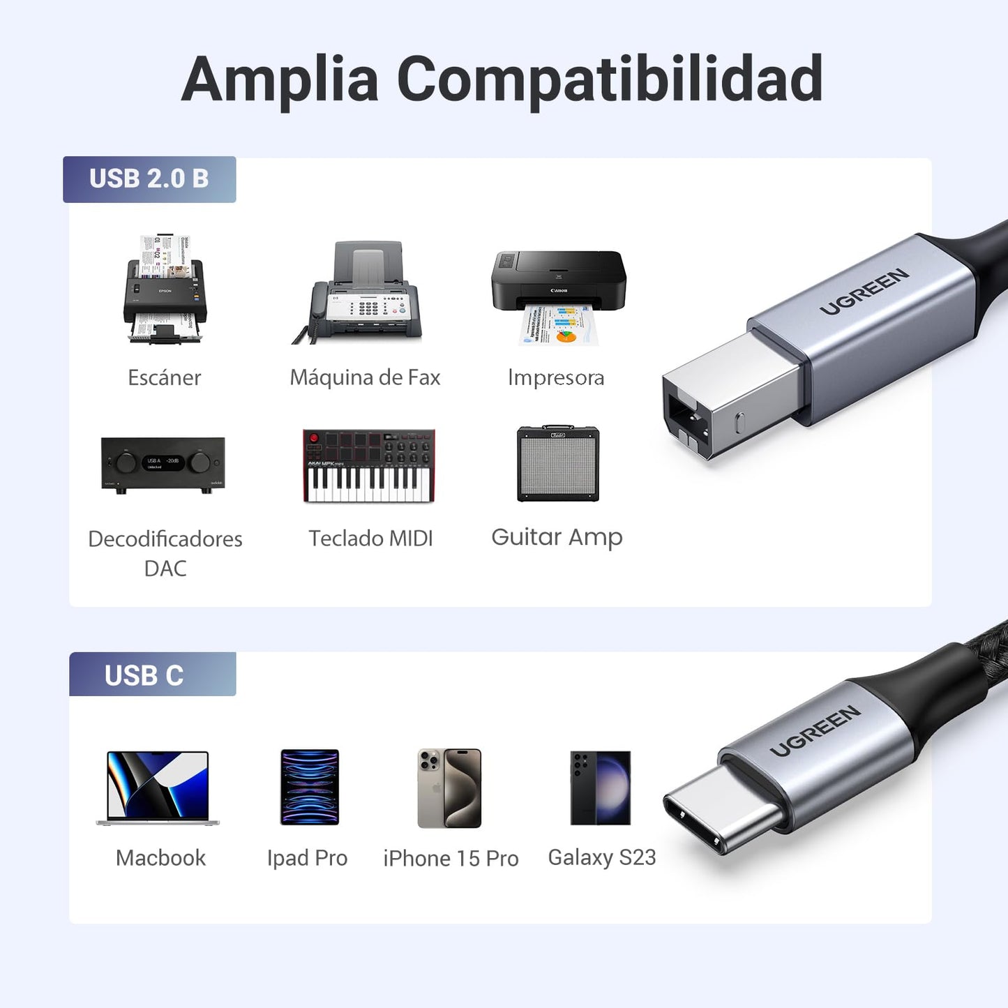 Cable de Impresora UGREEN USB C a USB Tipo B 2.0 Un Metro