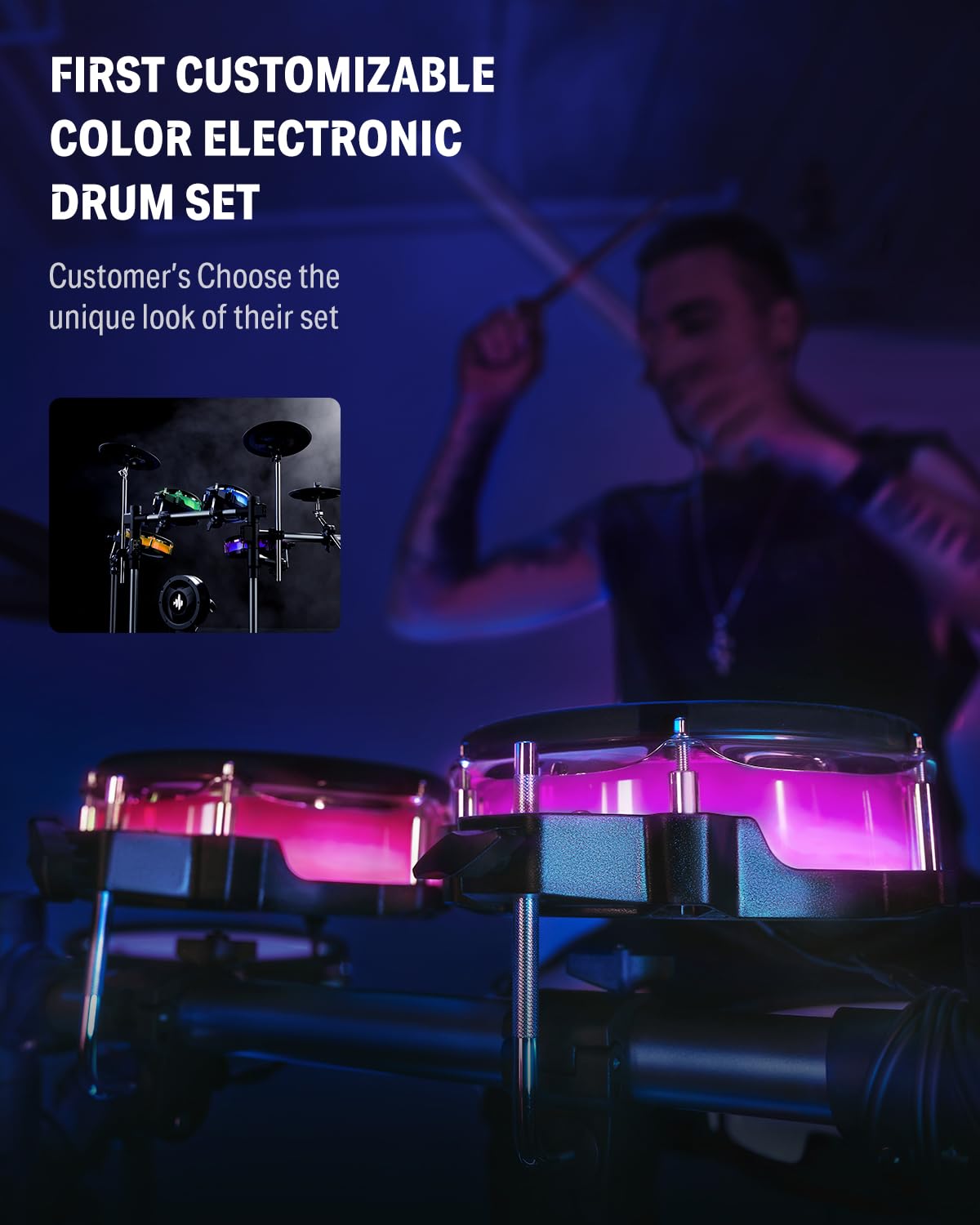 Donner BackBeat - Juego de batería eléctrica con visualización táctil de 7 pulgadas de alta tecnología, 1126 sonidos, personalizar los colores de la almohadilla de tambor, cableado interno del rack y