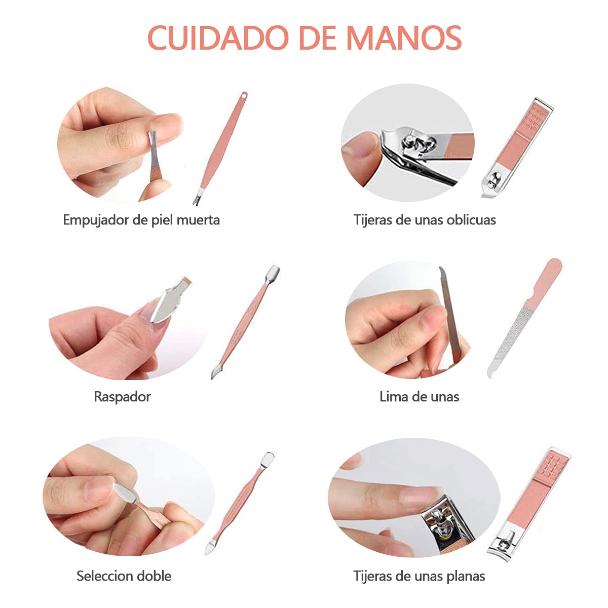 Set de manicura HONGHCL 23 en 1 Acero Inoxidable - Kit Completo para Uñas y Cutículas en Caja de Cuero Rosa