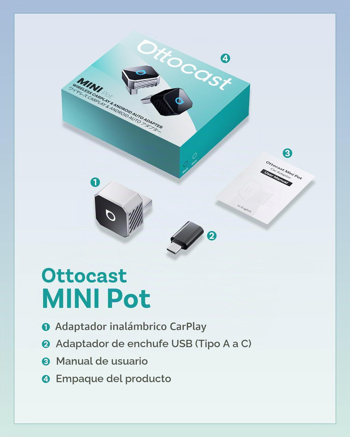 Adaptador Inalámbrico OTTOCAST Mini Pot 2025 Blanco WiFi 5 GHz Plug & Play para iPhone y Android en Coches OEM para Hombre y Mujer