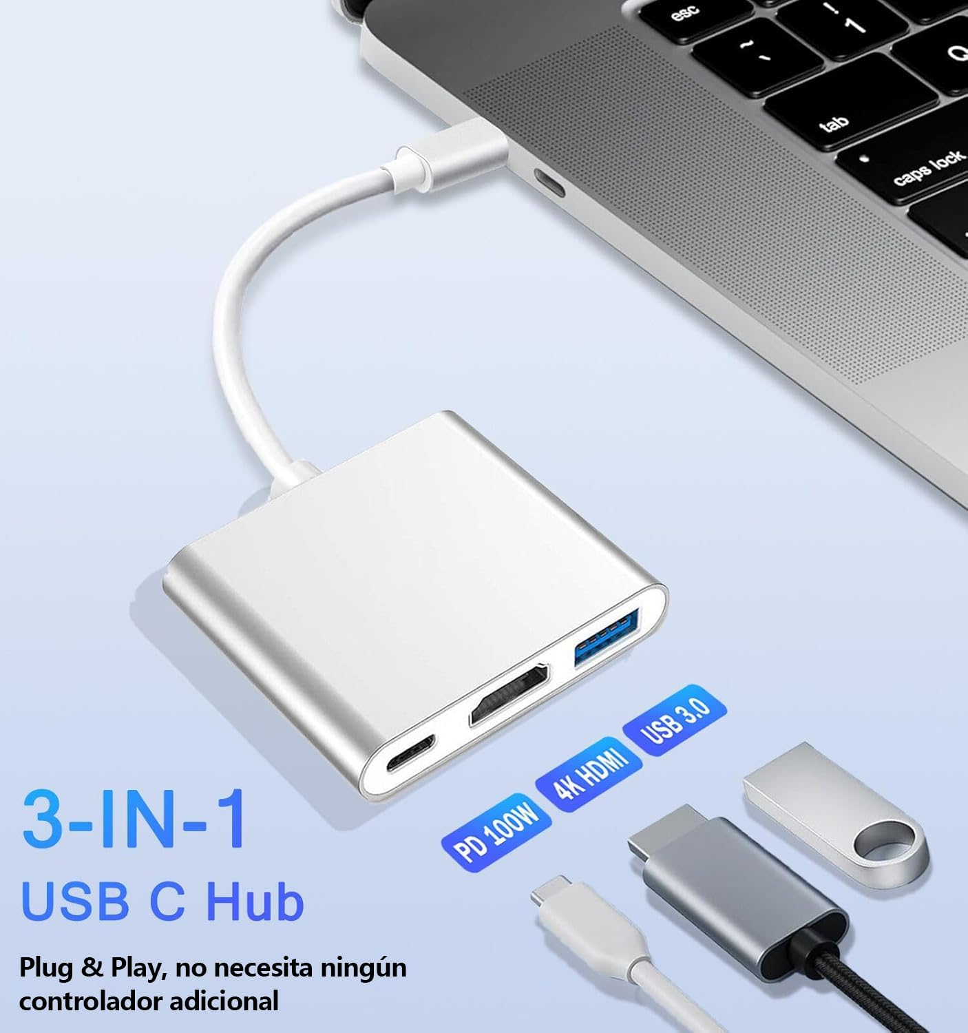 Adaptador USB C a HDMI YOU ER MEI Plateado Multipuerto Tipo C con Salida 4K y Puerto de Carga Certificado para Mac Air y Surface