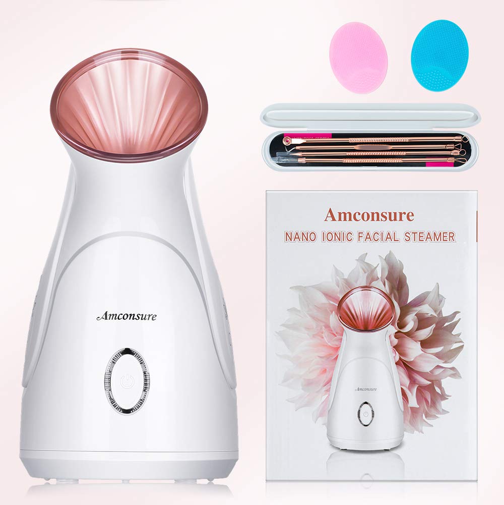 Amconsure - Vaporizador facial nano iónico para el hogar, humidificador facial cálido para mujeres, vaporizador facial hidratante para spa, desatasca los poros, kit de 5 piezas de piel de acero inoxidable y 2 estropajos faciales de silicona