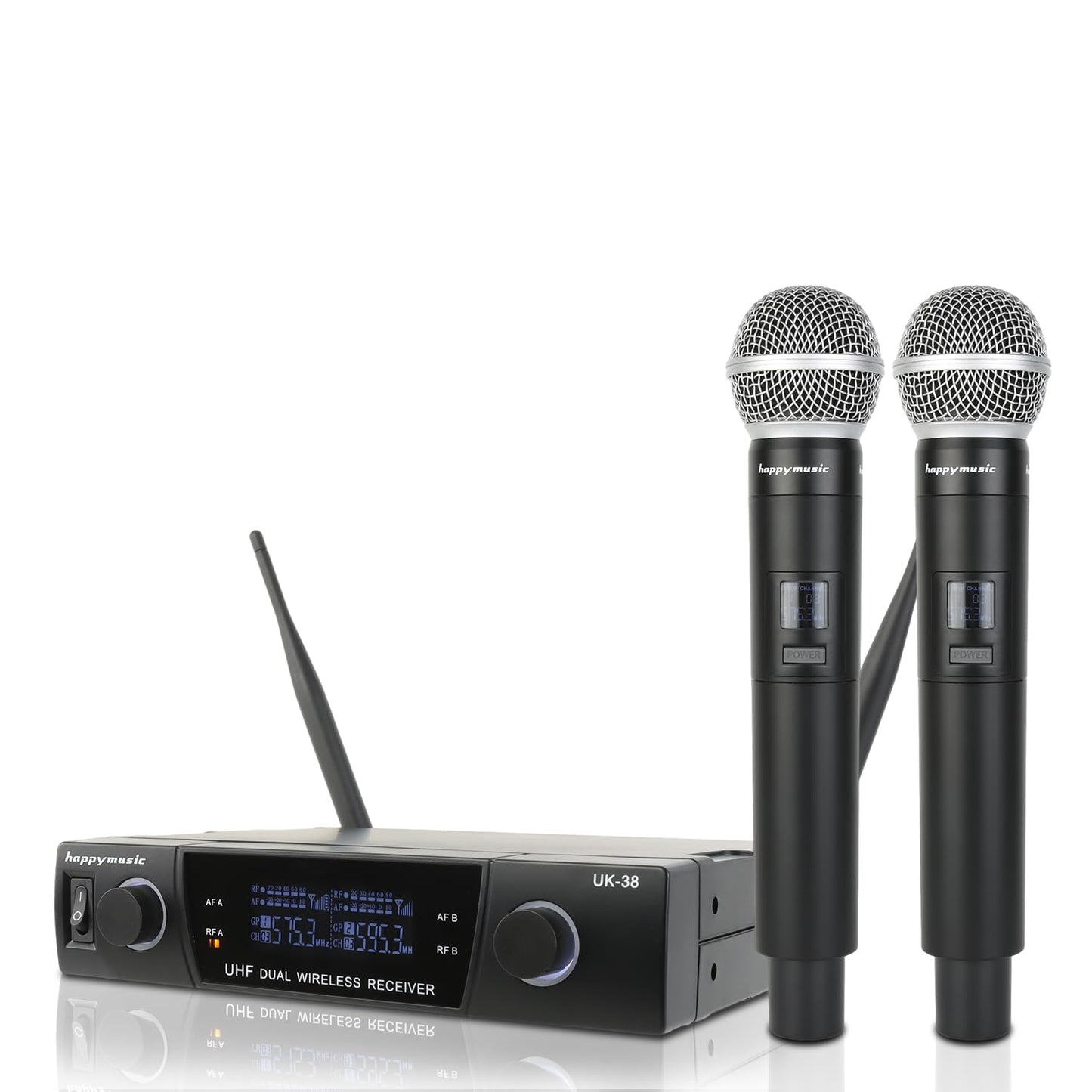 happymusic - Sistema de micrófono inalámbrico profesional UHF de 2 canales, juego de micrófono de mano inalámbrico, alcance de 150 pies, perfecto para DJ, iglesia, boda, evento, conciertos, canto,