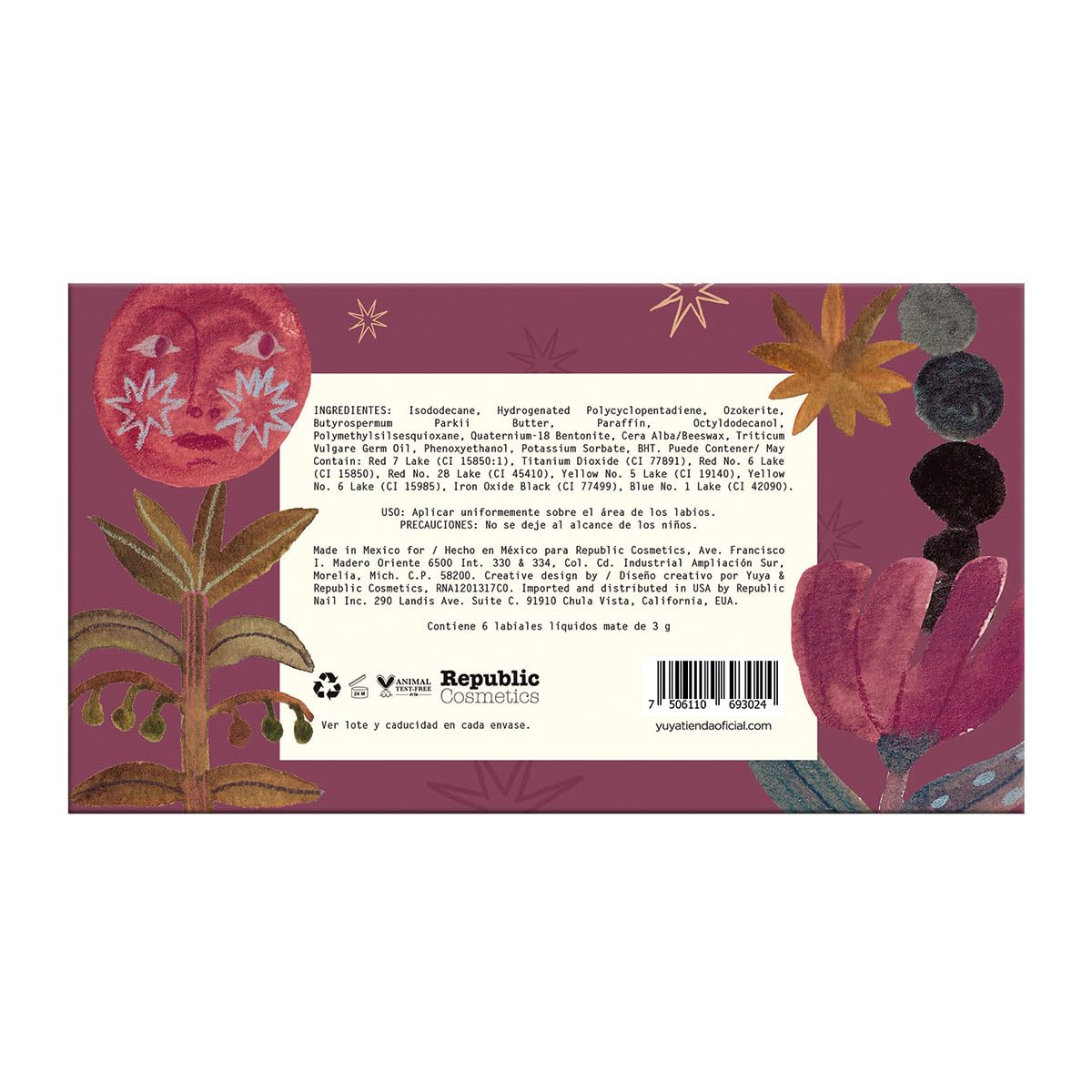 Yuya - Set de labiales indelebles larga duracion - labial indeleble - Labiales - Labiales liquidos acabado mate de larga duración (Alquimia, Soneto, Bruma, Eco, Cometa, Maleza, Pack 6 piezas)