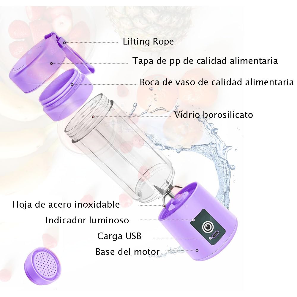 Batidora portátil, 150 watt para batidos y smoothies, 400 ml batidora de viaje recargable por USB, botella sin BPA (Con Cepillo Esponja Morado*1 + Ice Lattice*1)