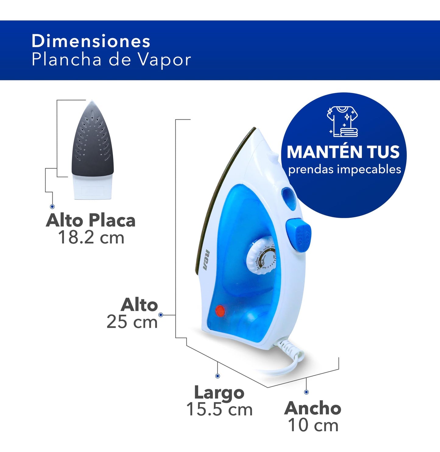 Plancha de Vapor RCA Azul con Suela Antiadherente y Vapor Vertical para Telas Delicadas