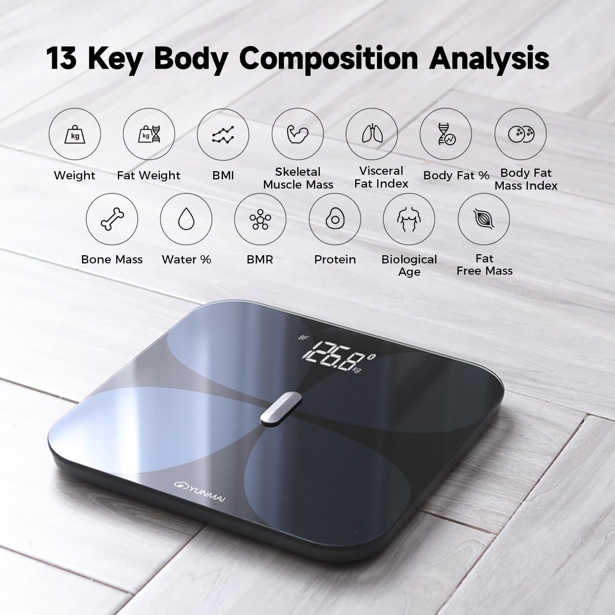 Báscula Inteligente Yunmai para Peso Corporal, Báscula Digital de Baño con IMC, Grasa Corporal, Masa Muscular, Bluetooth, Analizador de 13 Composiciones, Compatible con Apple Health, Recargable 400lb