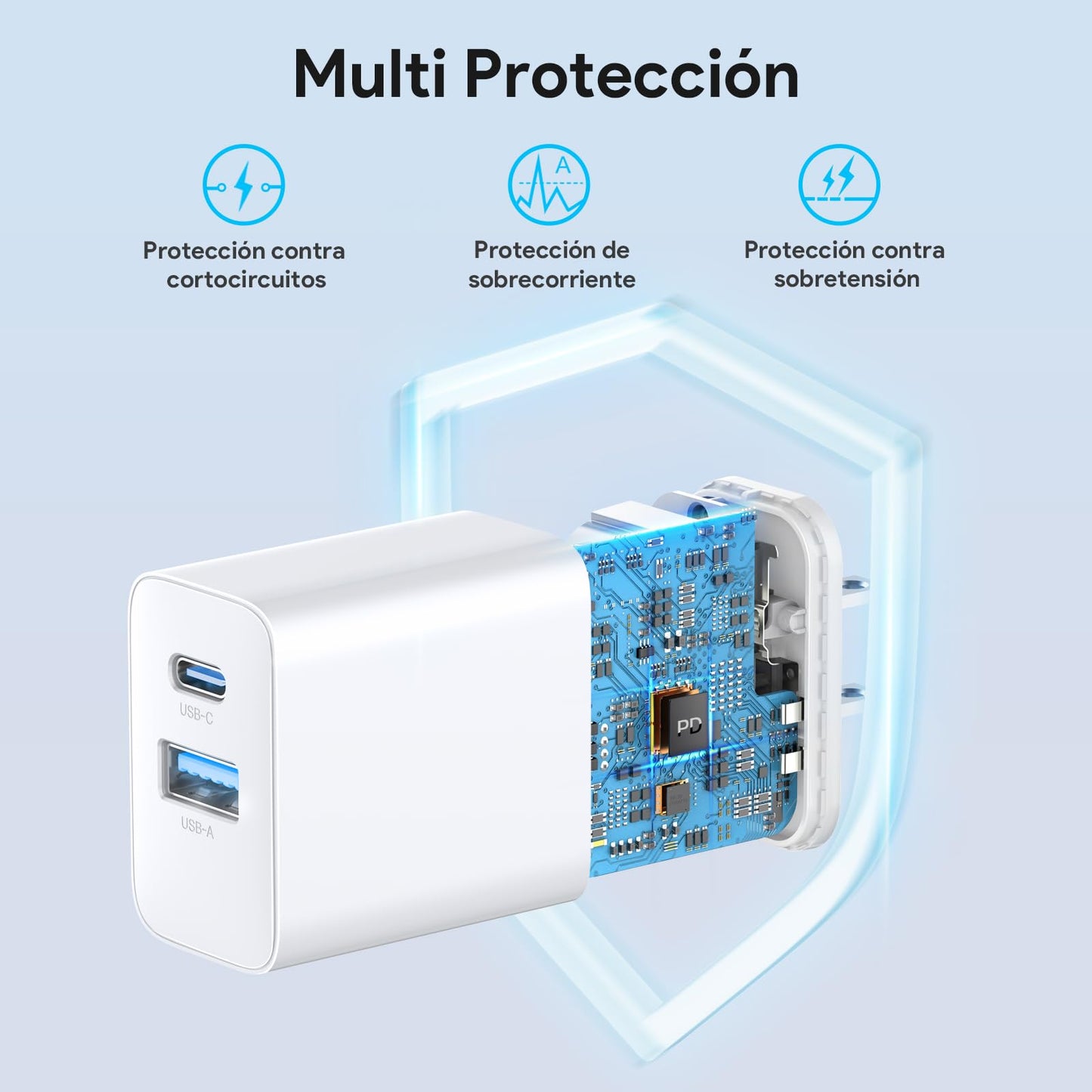 1 Hora Cargador de Carga Rápida 20W 2 en 1 Cargador Tipo C PD 20W + USB A QC 18W, Compatible con IP 15 14 13 Pro MAX XS, Galaxy S23 / S22 / S21+ / Note 10, iPad Pro, Google Pixel