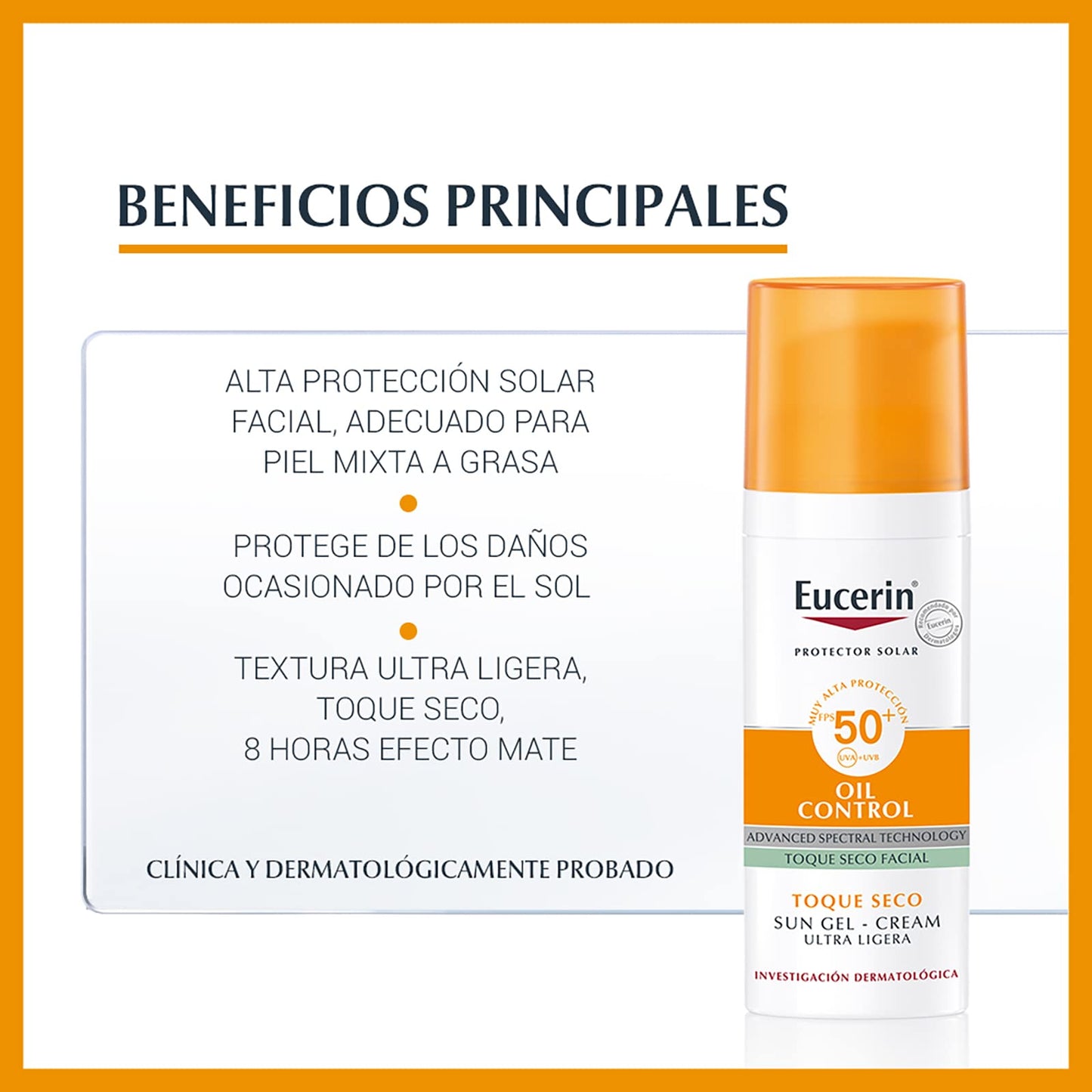 Eucerin Protector solar facial efecto mate toque seco Oil Control, 50 ml + Gel Limpiador Facial DermatoClean para piel normal a mixta, 200ml, empaque puede variar