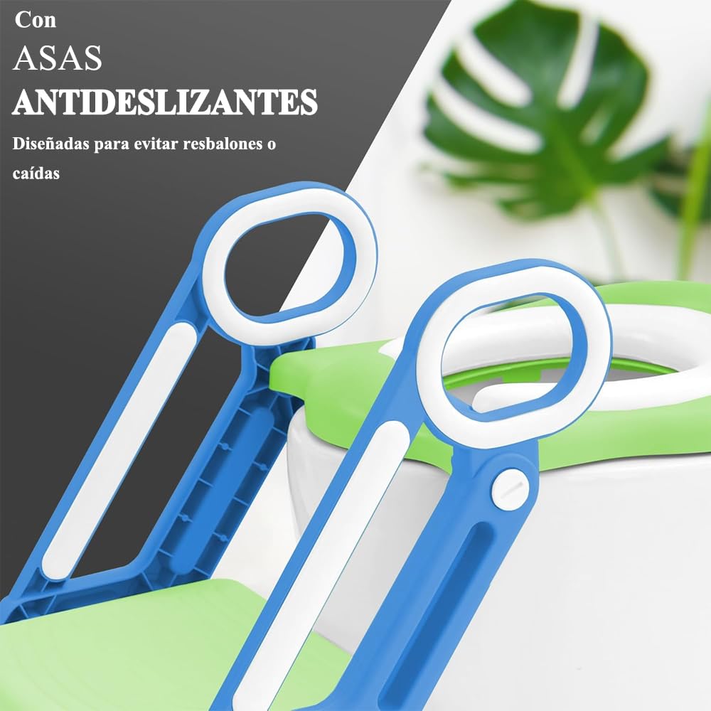 Baño Entrenador Niño, Asiento Entrenador para Baño con Tapizado y Escalera Antideslizante, Plegable Escalera para Baño Niños, Fácil de Guardar, Asiento Ergonómico, Edad de 3 a 10 Años, Verde Azulado