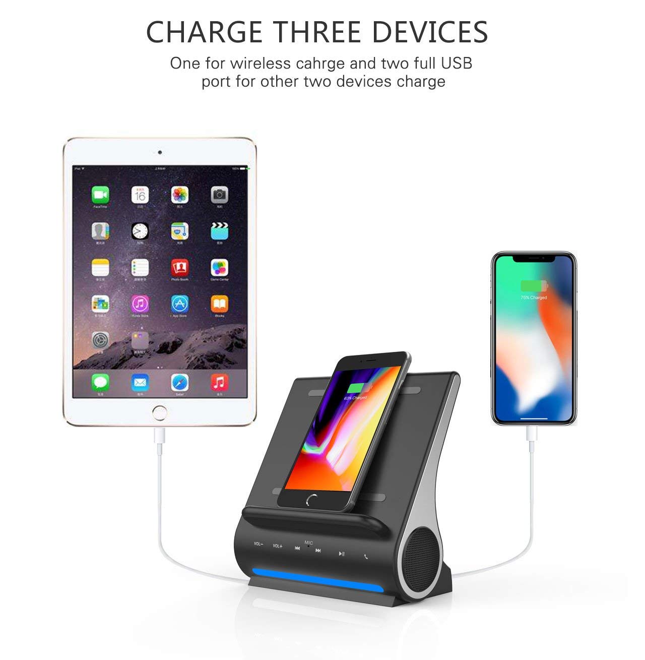 Azpen Dockall D100 - Qi Wireless Charger, Bluetooth Premium Speakers, Docking Station with Built in Mic Handsfree Call, 3 in 1 Station for iPhone and Samsung Phone