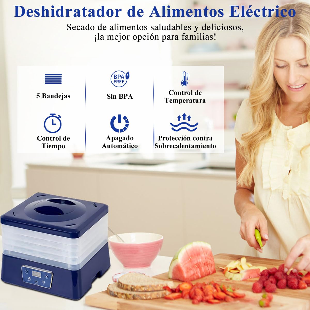 AHILAX Deshidratador de Alimentos Máquina Deshidratadora de Frutas y Verduras con 5 Bandejas, Secadora Eléctrico de Alimentos con Control de Temperatura Y Temporizador Ajustable para Carnes y Hierbas