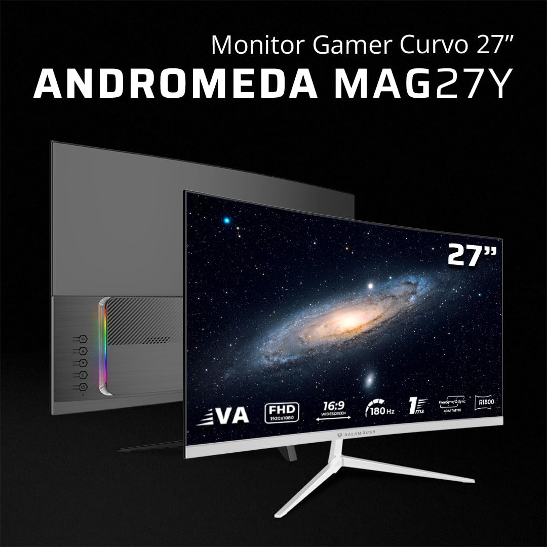 Balam Rush Andromeda Monitor Gamer Curvo MAG27Y, 27 Pulgadas, FHD, 180Hz, 1ms, VA, Pantalla Curva R1800, F-Sync, G-Sync, Flicker-Free, HDMI 2.1, DisplayPort 1.4 (Blanco)