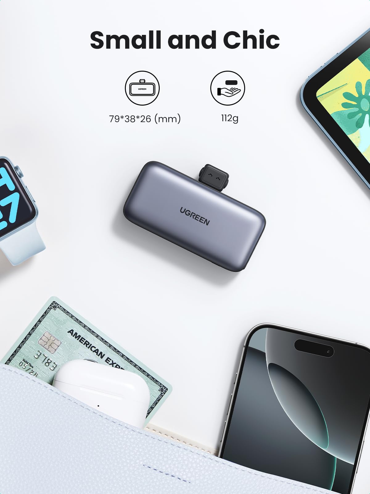 UGREEN 5000mAh Power Bank Integrado en USB C Puerto, Cargador Portátil Batería 22.5W Carga Rápida con Soporte, Pantalla LED Compatible con iPhone 16 15 iPad Pro Galaxy Pixel