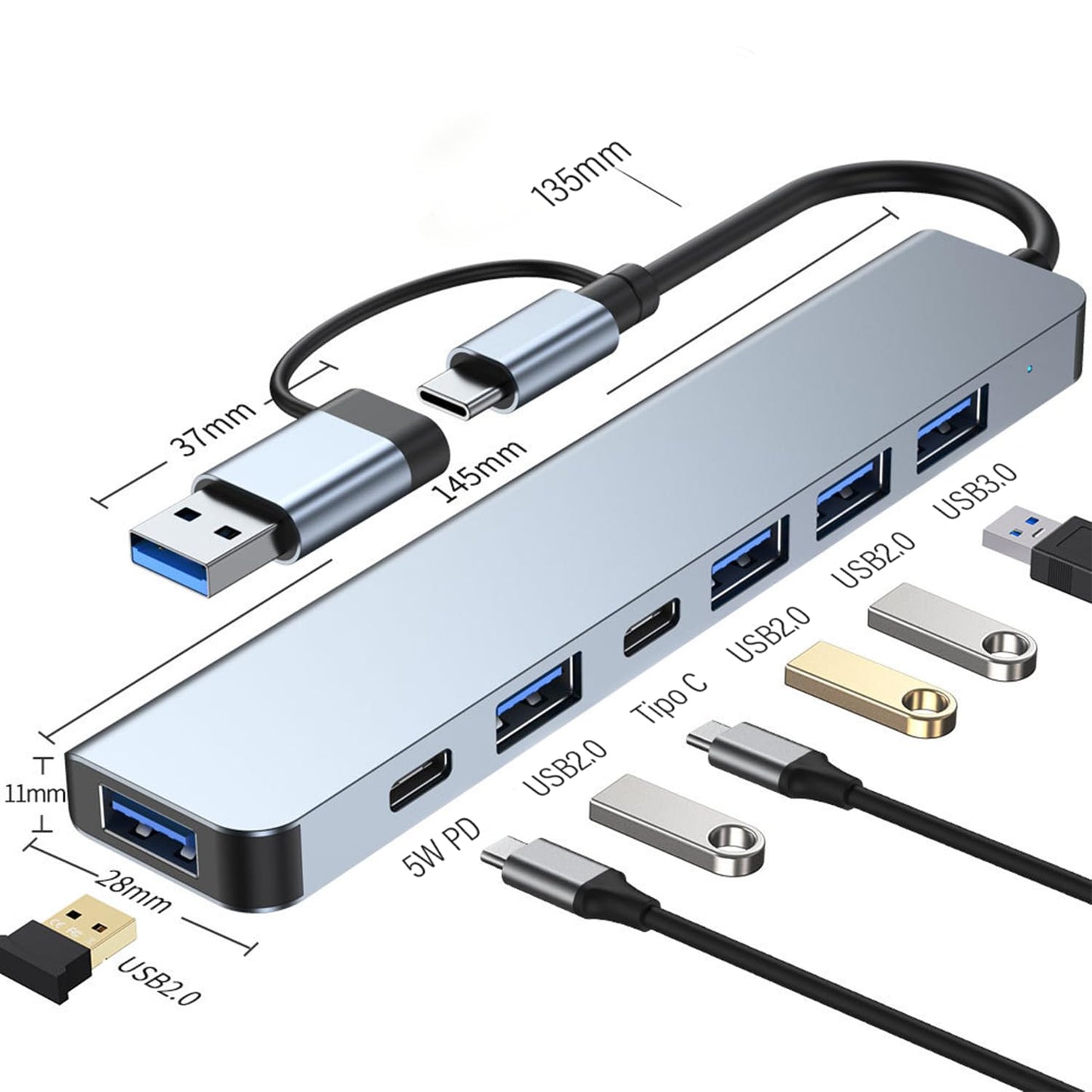 Hub USB C 3.0 7 en1, Adaptador USB a Tipo C Multipuerto con 1 Puerto USB 3.0, 4 Puertos USB 2.0, 2 Puerto Tipo C, Adaptador para MacBook Air/Pro iPad y Más Dispositivos PC/Laptop/Tablet