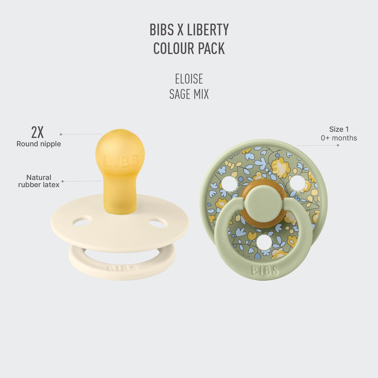BIBS Liberty diseño Exclusivo 2 chupetes. Libre de BPA, Tetina redonda. Látex natural, Talla 1 (0-6 meses) Sage Mix