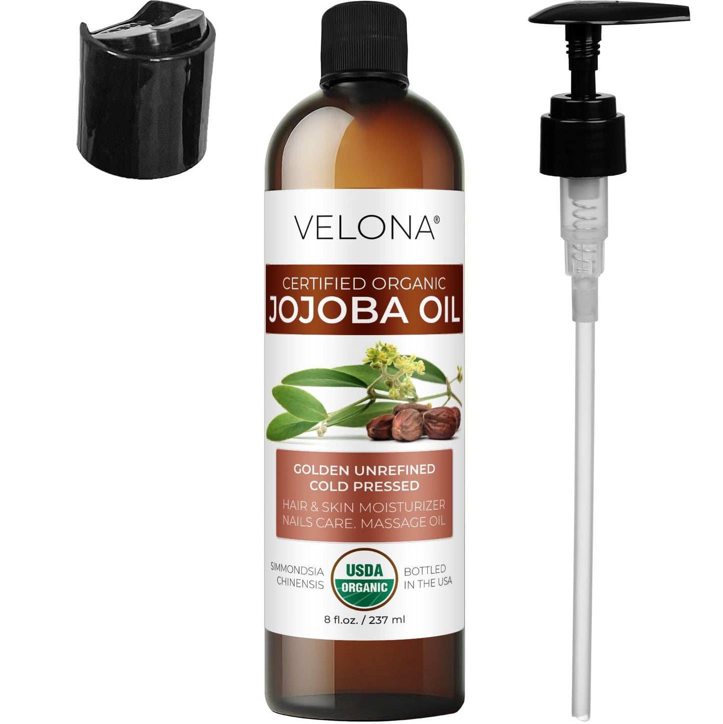 Velona - Aceite de jajoba 100% orgánico | Aceite de transporte transparente natural para el cuidado de la cara, el cabello, el cuerpo y la piel | sin refinar, prensado en frío | Tamaño: 2, 4, 8, 16, 24, 32, 64 oz y 7 lb, 236.58ml (8oz)
