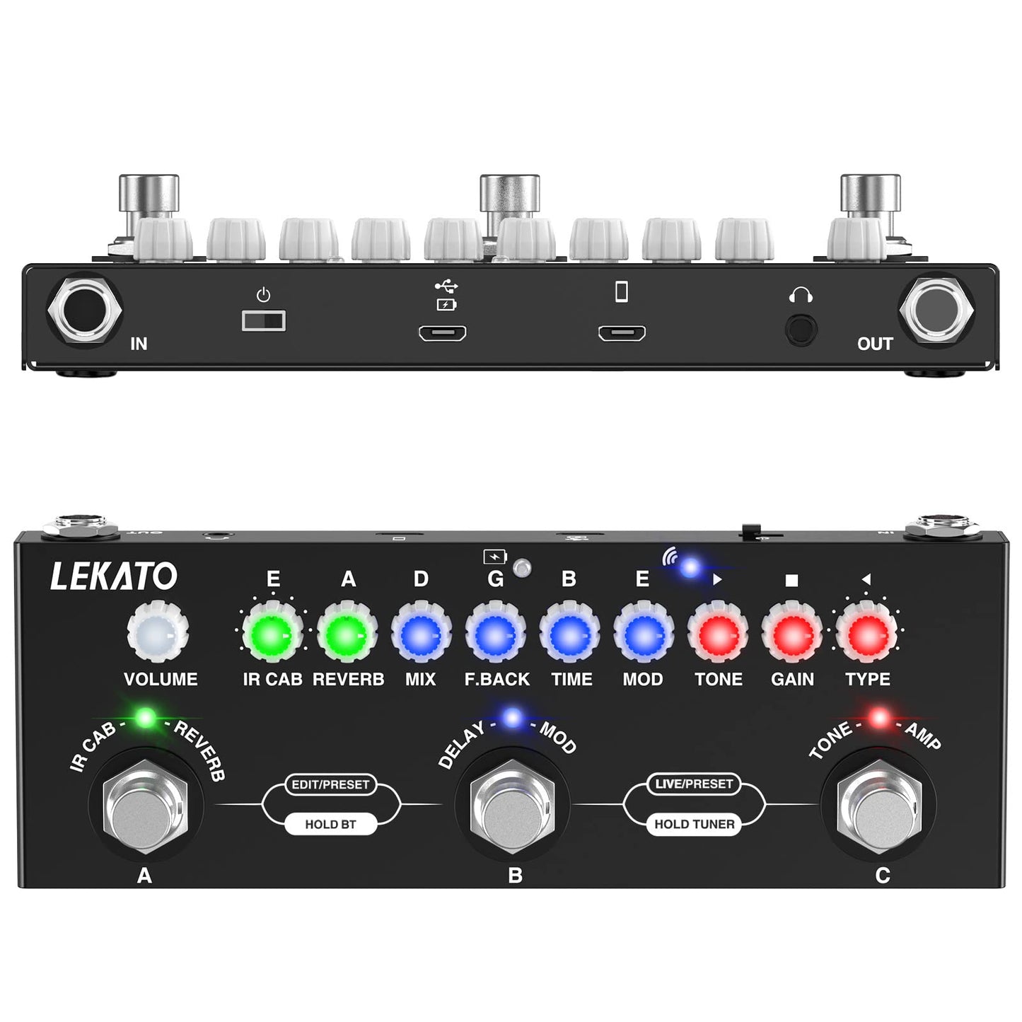 LEKATO - Pedal de guitarra multiefectos, con carga IR de 9 modelos AMP, pedal de sobremarcha de distorsión de reverberación retardada, efectos de guitarra eléctrica recargable, grabación de soporte