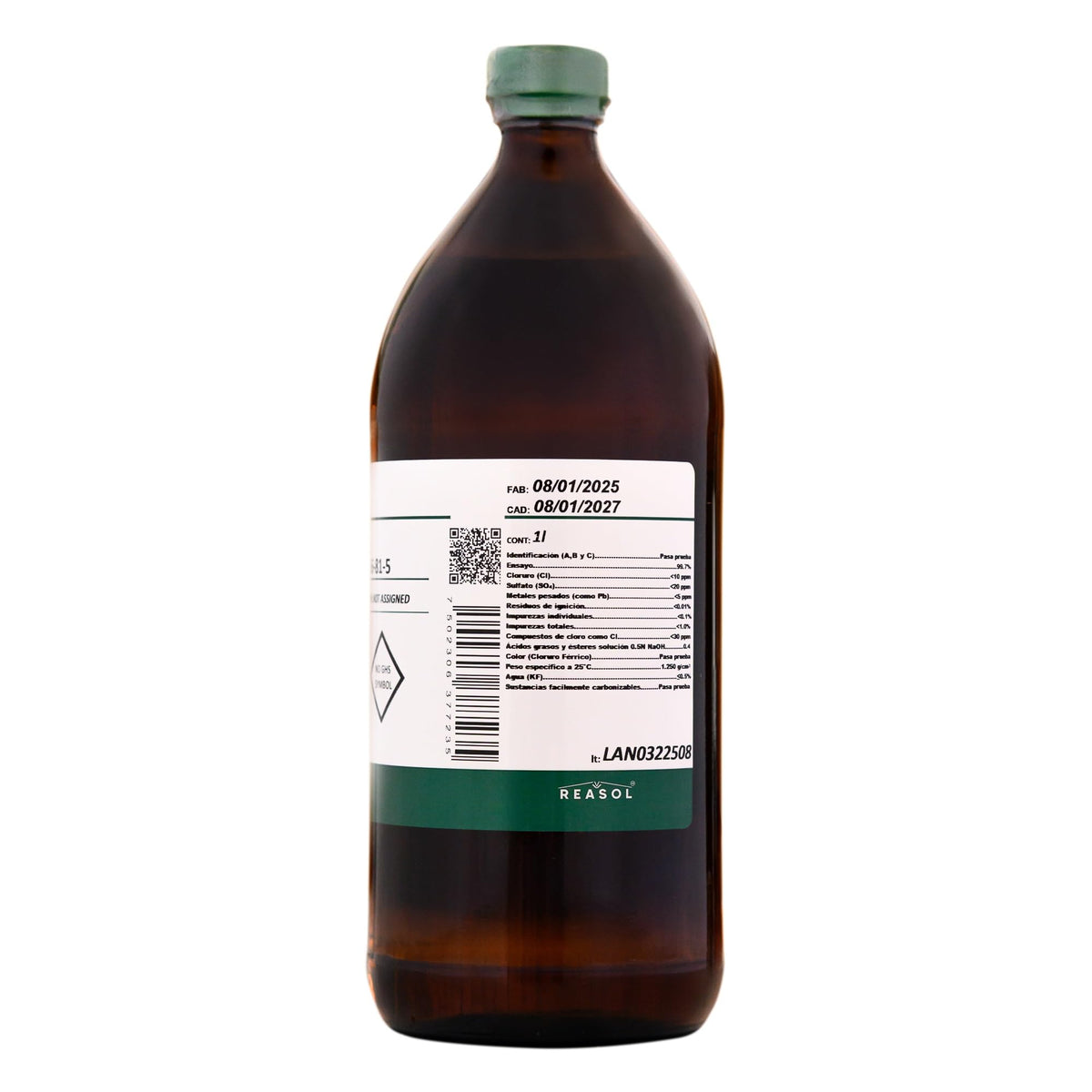 REASOL, GLICERINA de Origen Vegetal; Biodegradable, Pureza ≥99%. Cumple Especificaciones USP, NF, FCC, BP y Ph. Eur. Botella vidrio ámbar de 1l