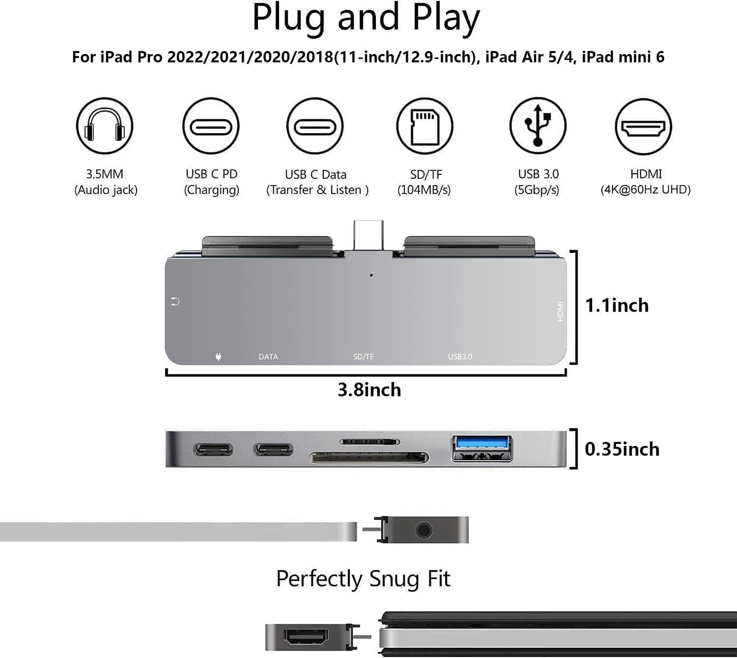 Hub USB C NXPGKEA para iPad Pro y Air con HDMI 4K 60Hz, Conector de Auriculares 3.5 mm, USB 3.0 y PD Carga y Datos