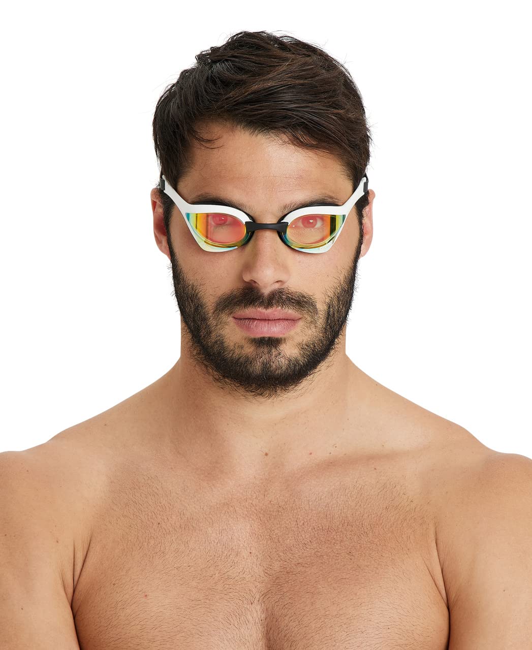 Arena Cobra Ultra Swipe Racing - anteojos de natación para hombres y mujeres, lente espejo, antivaho, protección UV, cobre amarillo/blanco