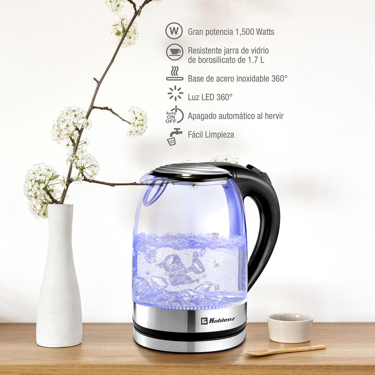 Koblenz Tetera Eléctrica, Hervidor de Agua Eléctrico de 1500 Watts y 1.7 Litros, Filtro Lavable, Base Giratoria de 360°, Luz LED y Apagado Automático, Hierve Agua, Infusiones, Té y Café (TEKM-1500 IN)