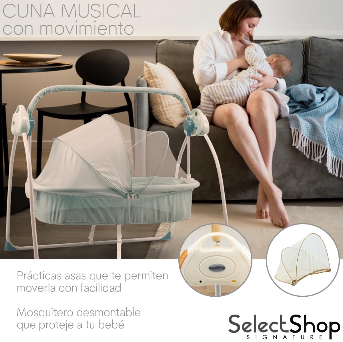 Cuna Mecedora Eléctrica SELECTSHOP Café para Bebé