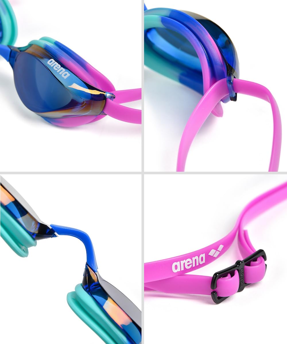 ARENA - anteojos de natación unisex para adultos, para hombres y mujeres, lentes de espejo antivaho, máxima comodidad, doble correa, azul/magenta/azul