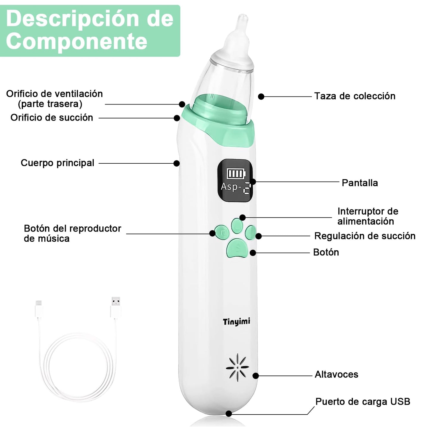 Aspirador Nasal Electrico,Aspirador Nasal Con 3 Cabezales de Silicona, Nivel de Succión Ajustable, Función Relajante con Música y Luz.