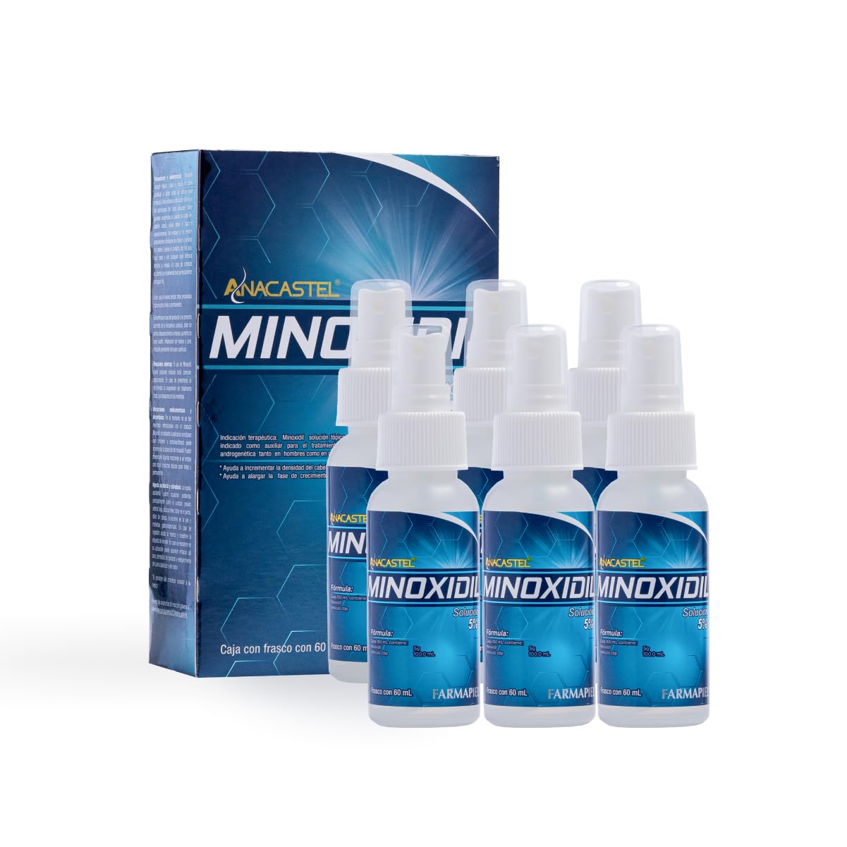 Minoxidil 5% Anacastel | Tratamiento Anticaída Cabello y Barba | Estimula Crecimiento Capilar | Hombres y Mujeres | Formato Spray | Pack 6 Unidades