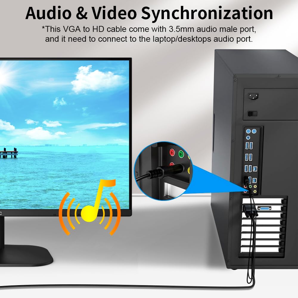Cable Convertidor VGA a HDMI Kirzi Negro con Audio 7,6 m Compatible con Computadora y Proyector