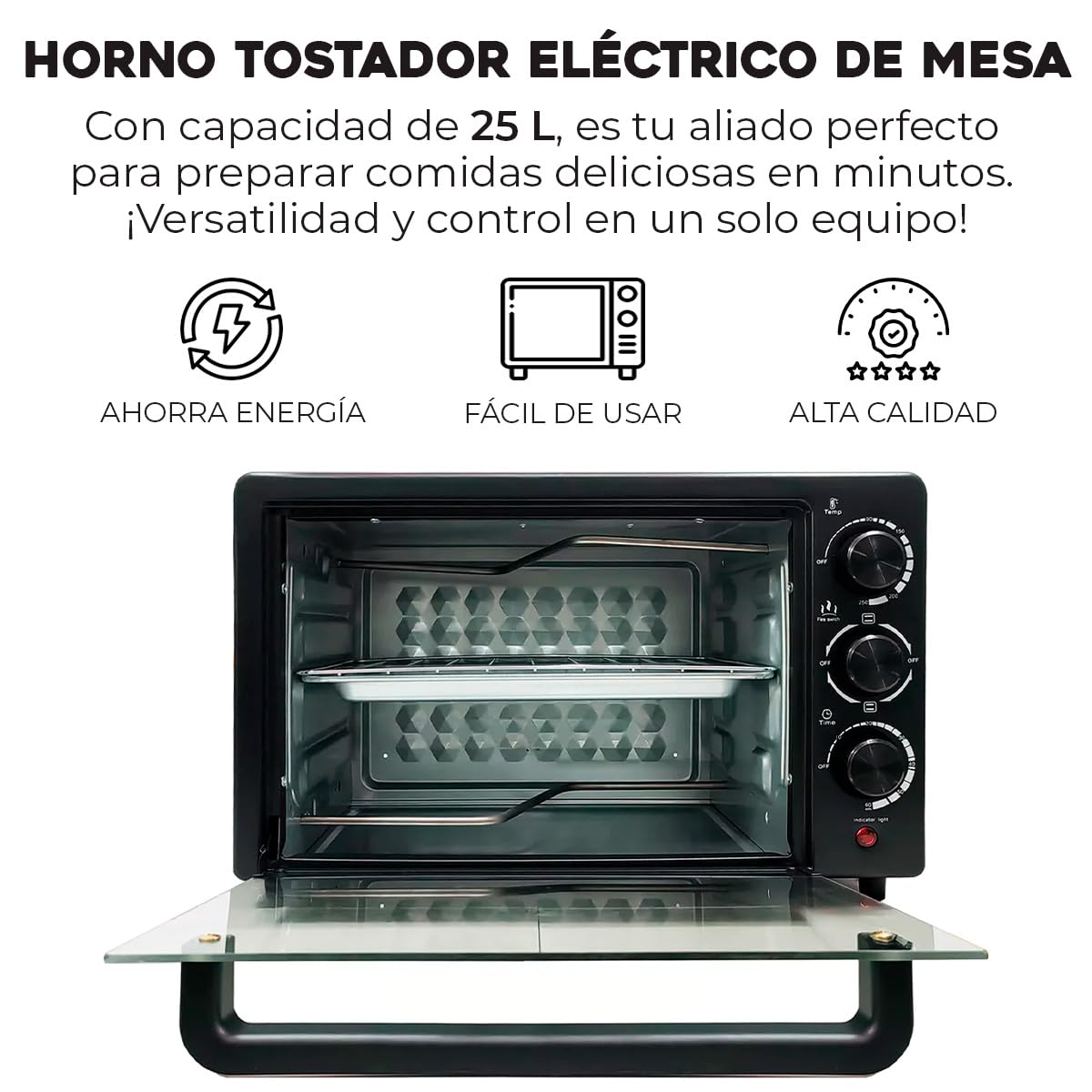 Horno Eléctrico de Convección Tostador De 25L Hornito Te Permiten Asar, Gratinar, Dorar y Tostar; 1034 W Incluye Parrilla Y Bandeja Convección Envolvente Temporizador Con Sistema De Apagado Automático