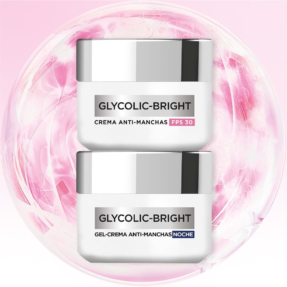 L'Oréal Paris Kit Crema Día Y Crema Noche Glycolic Bright, Anti-Manchas con Ácido Glicólico y Niacinamida