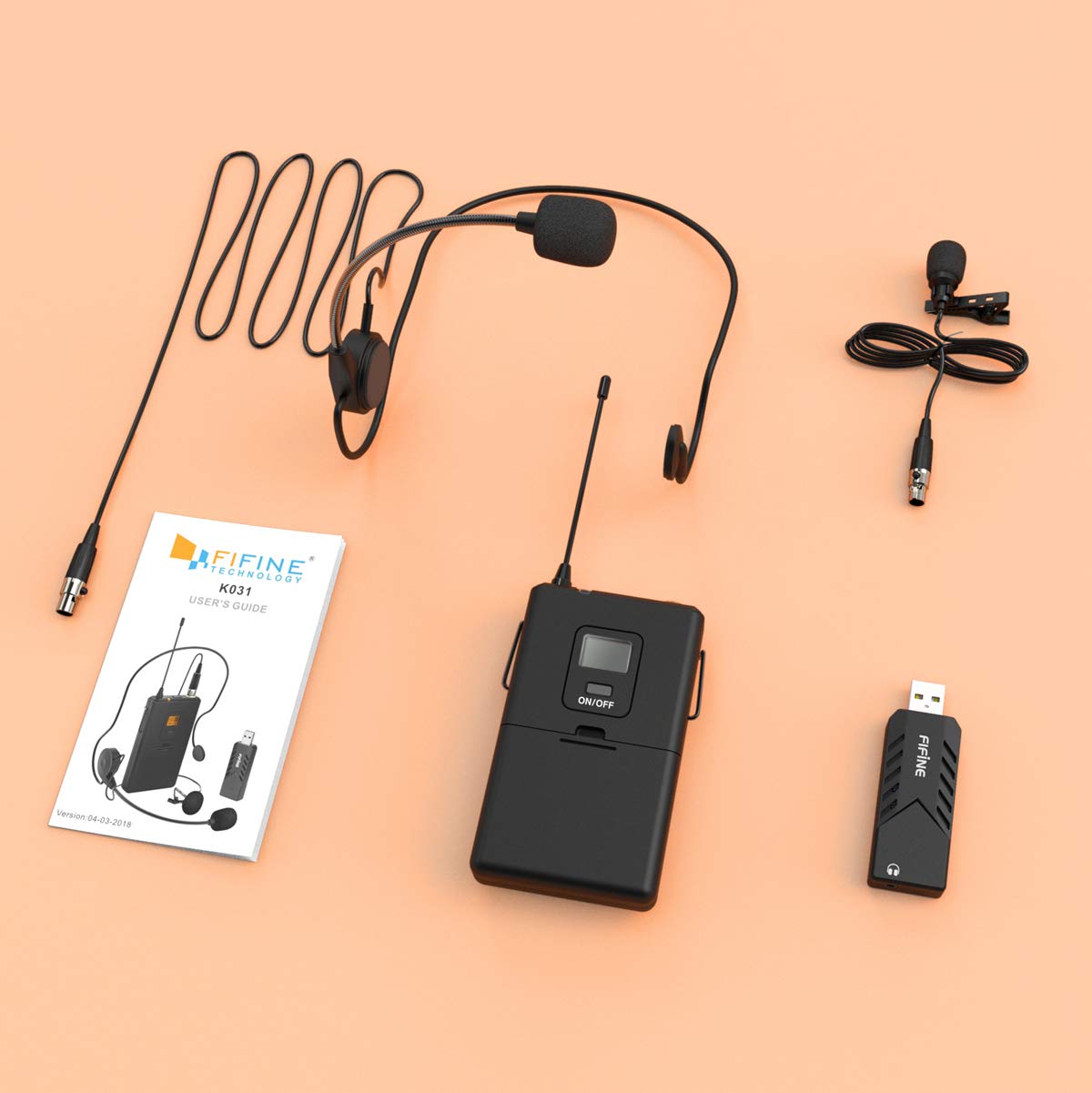 FIFINE - Micrófonos inalámbricos para Ordenador, Sistema de micrófono inalámbrico USB para PC y Mac, Auricular UHF con Receptor USB, transmisor, Auriculares y Clip Lavalier Solapa Mic-K031B