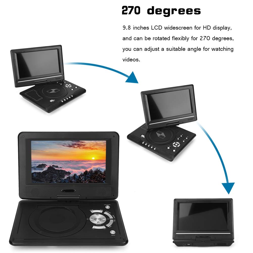 Bewinner 9.8 '' LCD DVD Player, 3in1 HD Reproductor de DVD portátil (Receptor de Radio DVD/TV/FM), 270 girados de Manera Flexible Reproductor de DVD CD Adecuado para Hogar, Coche, Camping
